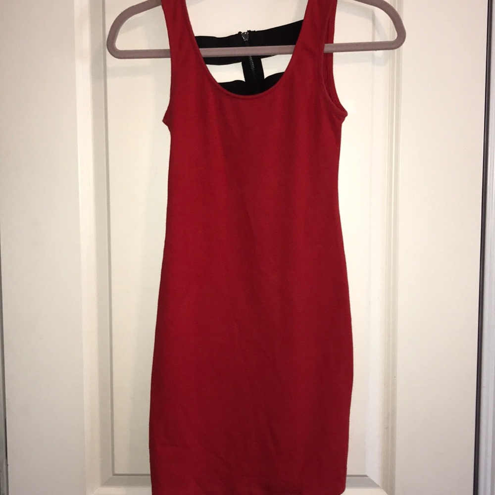 Red mini dress with black strappy back
